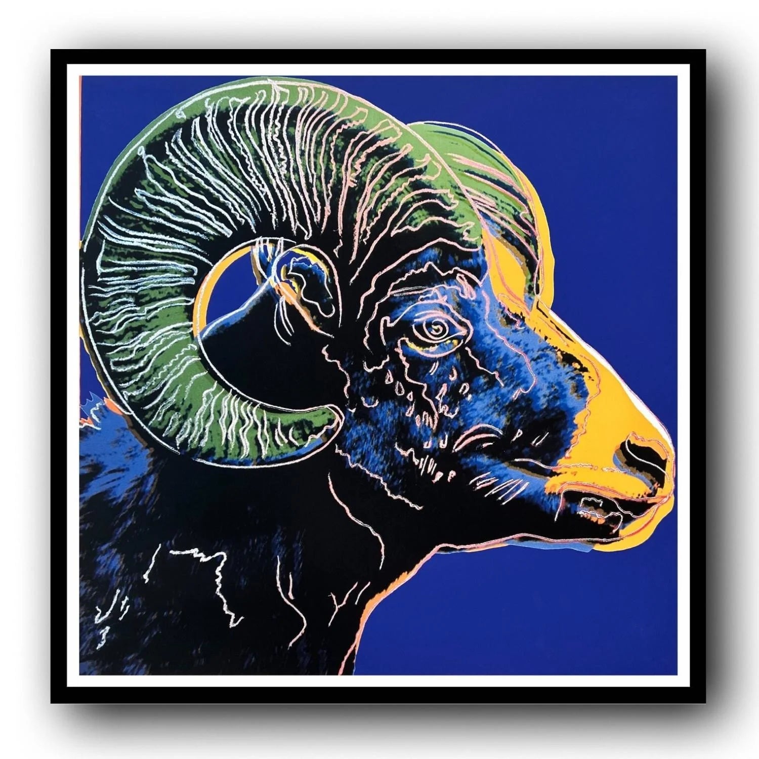 Colorful abstract depiction of a ram's head on a blue background